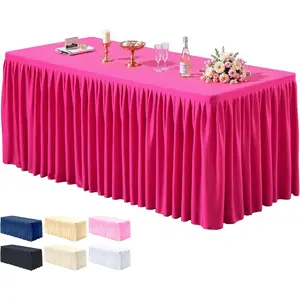 1 Pack Hot Pink Tablecloths for Rectangle Tables 6ft, Wrinkle Resistant Spandex Table Cover Fitted Stretch Table Cloth with Pleated Ruffle Skirts for Banquet Dining Birthday Wedding