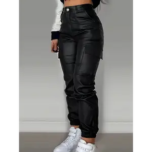 Women’s PU leather motorcycle pants — stylish pleated design with a zipper and fashionable side pockets; casual high-waisted patch leggings with a skinny fit; streetwear for women, perfect as a gift for fashionistas during fall and winter.