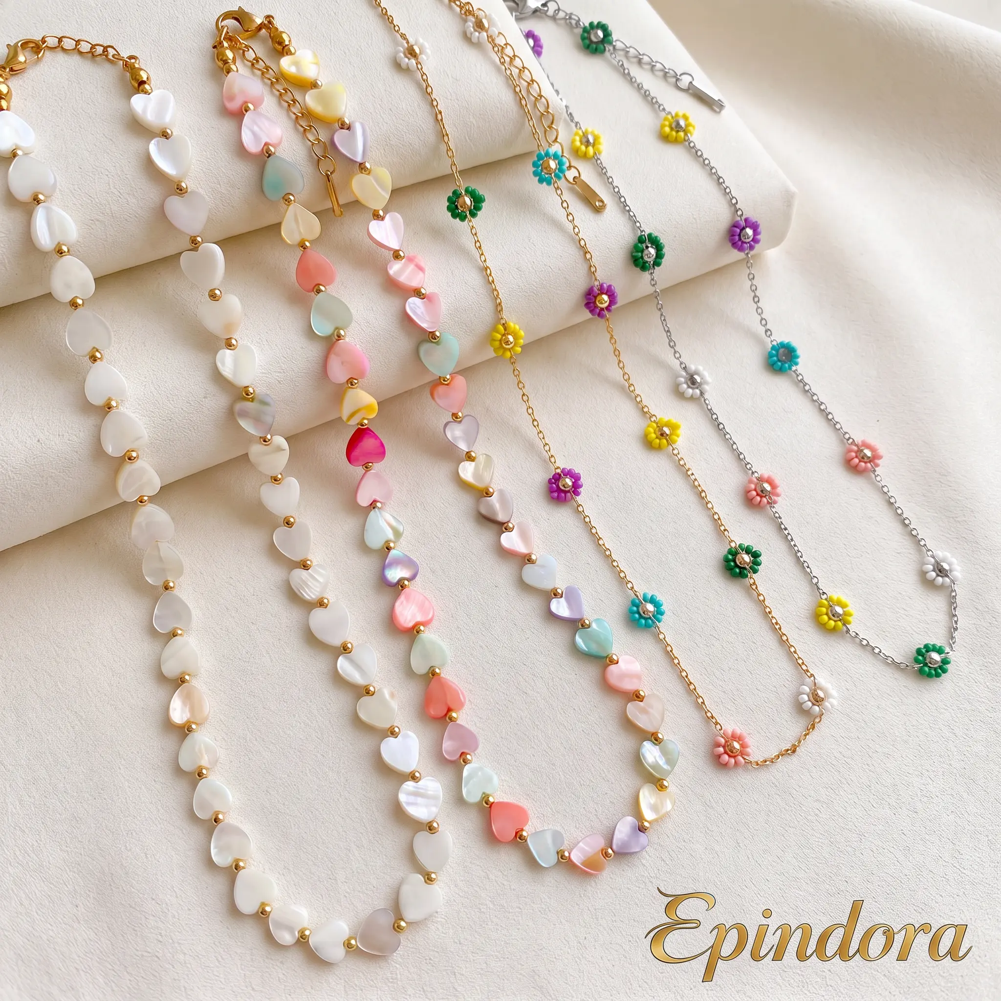 Epindora Single Natural Shell, Heart & Flower Beaded Costume Jewelry Necklace
