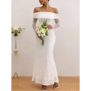 Ladies' elegant white one-shoulder mermaid gown with sequin embellishments and illusion mesh detailing. This design highlights a romantic silhouette, perfect for weddings, galas, upscale parties, and other formal occasions. Womenswear Elegance Style