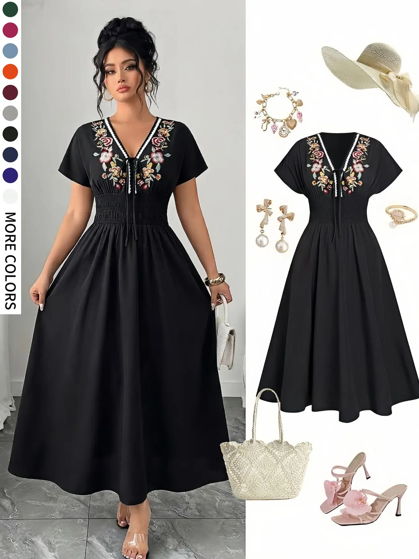 Plus Size Women's Short Sleeve Floral Casual Dress, V Neck Tie Design, Elastic Waist, Chic Elegant Embroidery, Summer Vacation Wear