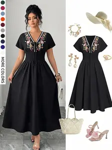 Plus Size Women's Short Sleeve Floral Dress, V Neck Tie Design, Elastic Waist, Elegant Embroidery, Summer Vacation Wear
