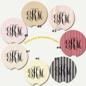 Cute Coquette Striped Personalized Monogram Car Coaster Set, Custom Initial Cup Holder Coasters, Car Accessories, Gift for Her, Preppy Aesthetic Car Decor, Pink Girly Auto Interior