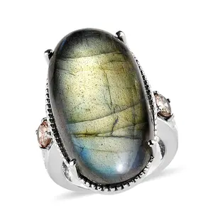 Labradorite and Champagne Color Cubic Zirconia 29.30 ctw Ring in Stainless Steel Size 9 Christmas Gifts