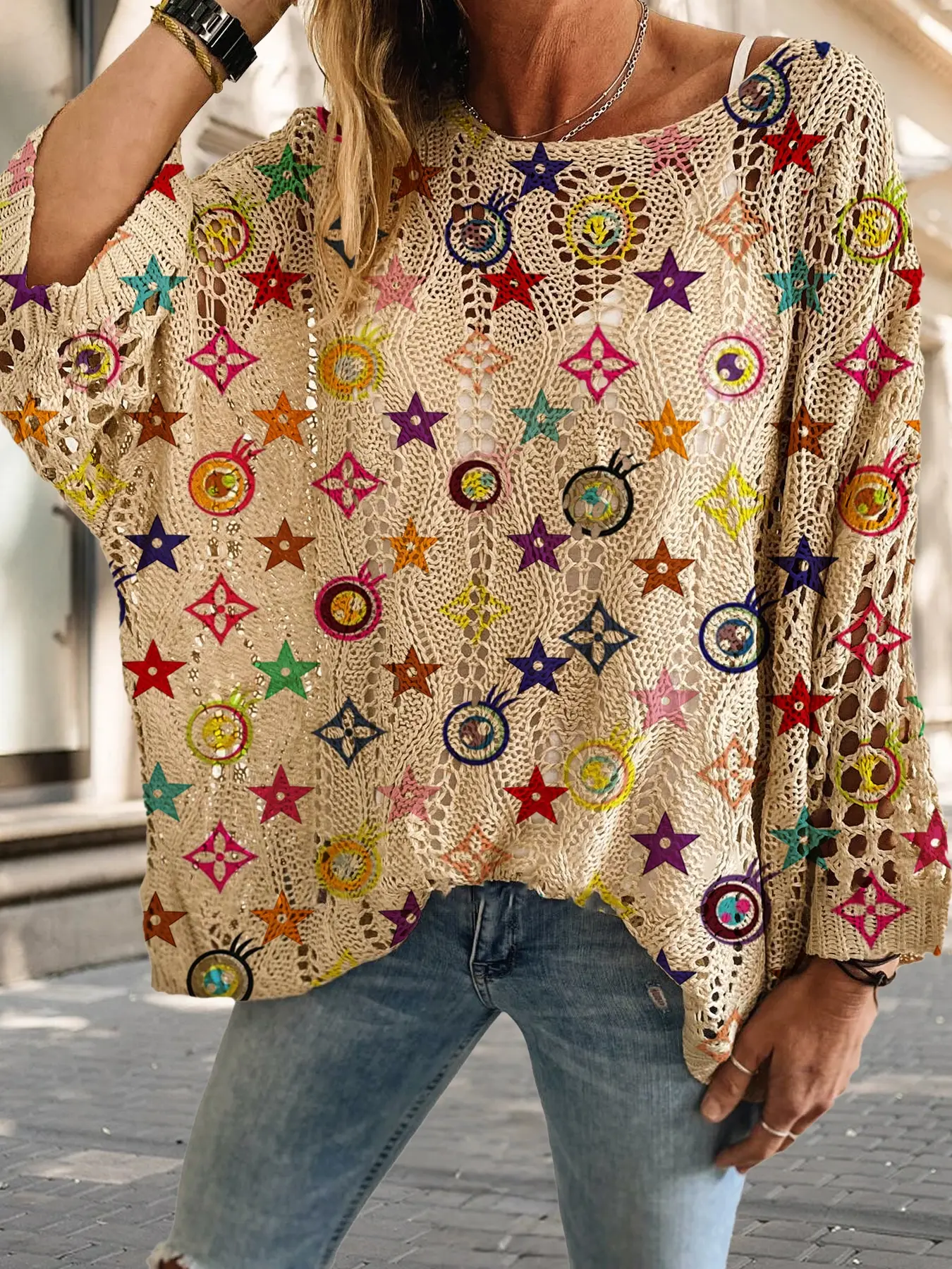 Geometric Print Long Sleeve Knit Top, Casual Elegant Vacation Style Knitted Sweater, Loose Fit Batwing Shoulders, Spring Summer Fall Women's Clothing, Knitwear, Womenswear