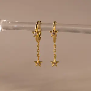 Star Drop Chain Huggies by Caitlyn Minimalist - Cubic Zirconia Diamond Star Earrings - Celestial Chain Earrings - Best Friend Gift