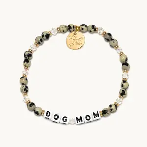 Little Words Project Dog Mom Beaded Bracelet, Appreciation for Pet Moms, Black & Neutral Acrylic Beads, Trackable ID Tag, Lifetime Warranty