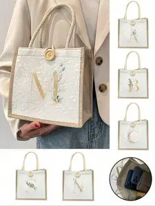 Small Floral Linen Button Handbag, Large-Capacity Handbag, Portable Casual Storage Tote Bag, Multifunctional Shopping Bag, Letter Printed Handbag, Green Leaf Letters A-Z, New Design, Shoulder Bag, Handheld Bag, Versatile Bag
