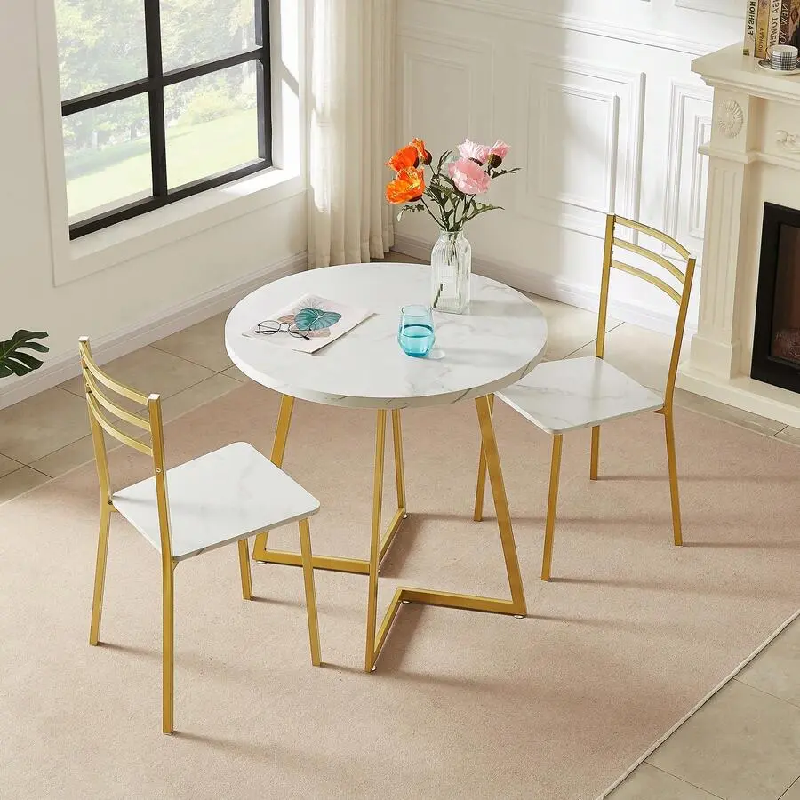 2-4 Ppl Small Round Wood Tabletop Dining Set with Metal Frame, 31.5" Width Flat-Pack Kit, Modern Dinette Chairs for Kitchen Breakfast Nook, Marble Finish Faux Marbled White Mirrored Console Inlay Mobile Standing Desk Wheels, For 2-4 Ppl, Round Shape