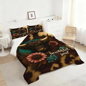 Highland Cow Floral Comforter Set, Duvet Cover Sets, Rustic Illustrated Bedding Set, Cozy and Charming Design with Teal Accents, Perfect for Bedroom Decor and Adding Whimsical Touch to Your Space, Includes 1 quilt, with 1 or 2 Pillowcase No Pillow Core