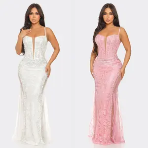 Rhinestone studded embroidered double layer of mesh fitted corset maxi dress Elegant Formal