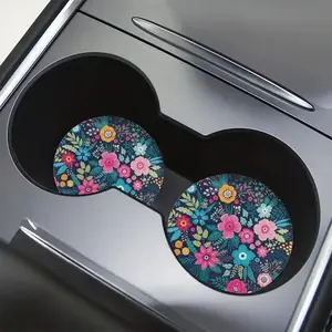 Floral Pattern Car Coaster, Round Anti-slip Car Cup Holder Coaster, Car Interior Decoration Accessories for Women and Men, Car Interior Accessory