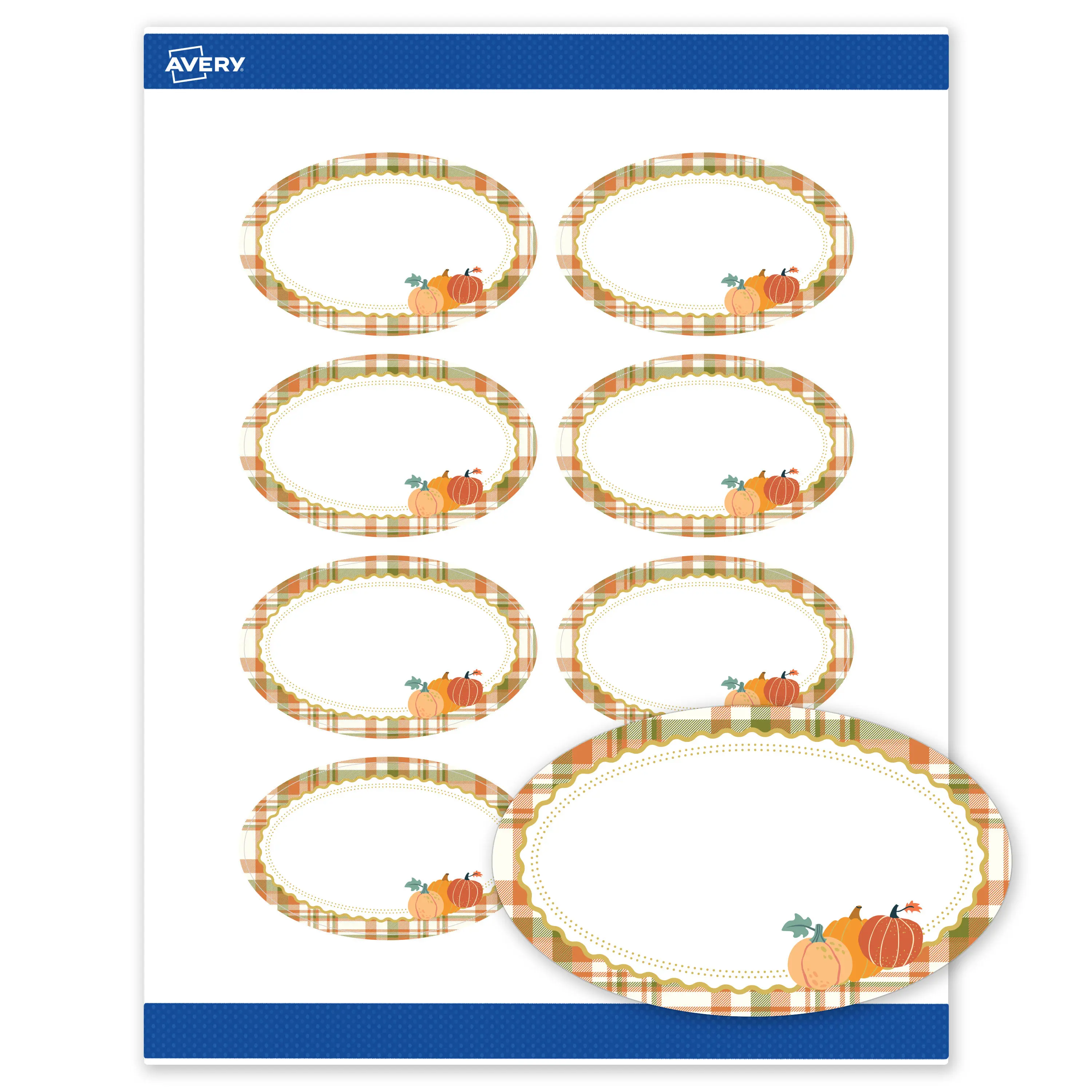 Avery® Printable Oval Labels, 2" x 3-1/3", Matte White, Pre-printed Pumpkins, Metallic Gold Plaid Border Design, Sure Feed® Technology, Laser/Inkjet Compatible, 80 Total