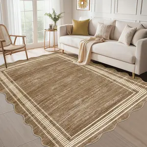GARVEE Scalloped 5x7 Rugs Washable Area Rugs for Living Room, Modern Bordered Solid Rug for Bedroom, Abstract Scalloped Non-Slip Stain Resistant Carpet for Dining Room Home Office Dorm,Brown