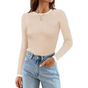 ZESICA Women's Long Sleeve Crewneck Shirts 2026 Fall Ribbed Knit Sweater Slim Fitted Casual Basic Tee Tops