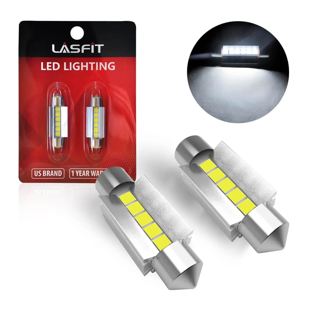 Lasfit 36MM Plug-and-Play LED Lights - 2 Pack 2 x Lasfit 36MM Bulbs, Car Interior & License Plate Lights Compatible with 6418, 6411, DE3423 for Dome, Glove Box, Luggage Compartment