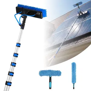 Solar Panel Cleaning Kit with 39 Ft Water Fed Pole System, Telescopic Aluminum Pole, 180° Rotatable Brush Head, Integrated Soap Dispenser, Extendable Reach for Roof Mounted Solar Panels and Windows, Easy Assembly