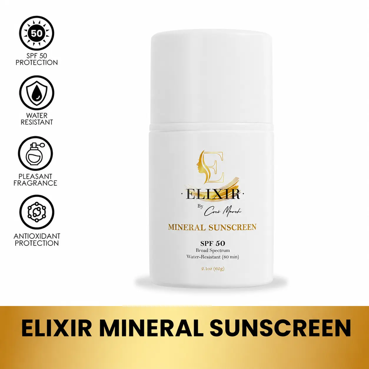 Coco March Elixir Mineral Sunscreen, Moisturizing Broad Spectrum SPF 50, Water Resistant UV Protection Non-Greasy Sunblock, 2.1 oz