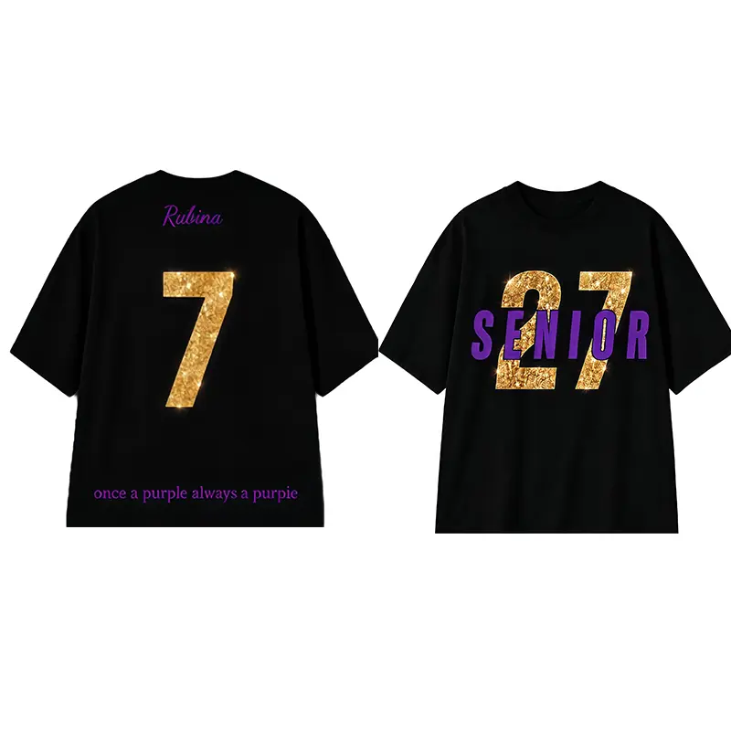 Oversized Personalized Print Senior 2 Graduation Short-Sleeve Tshirt - Custom Name&Number, Loose Round Neck, Black/Gold/Purple, Stylish Casual Festive Streetwear Sports Top, Thoughtful Grad Gift for Outdoor Use