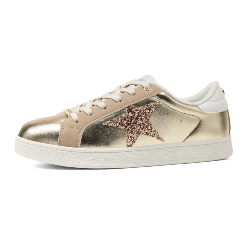 LUCKY STEP Stylish Star Low Top Lace Up Sneaker Comfort Walking Shoes,Gold PU,Womens