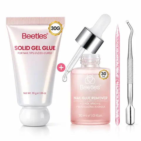 [Exclusive to TTS]Beetles 30g Solid Nail Glue Gel Bundle for Nail Extensions, with Optional 20g Hands-Free UV Glue and 10ml/30ml Remover, 21+ Day Strong Hold for False Nail Tips, Rhinestones & 3D Nail Art