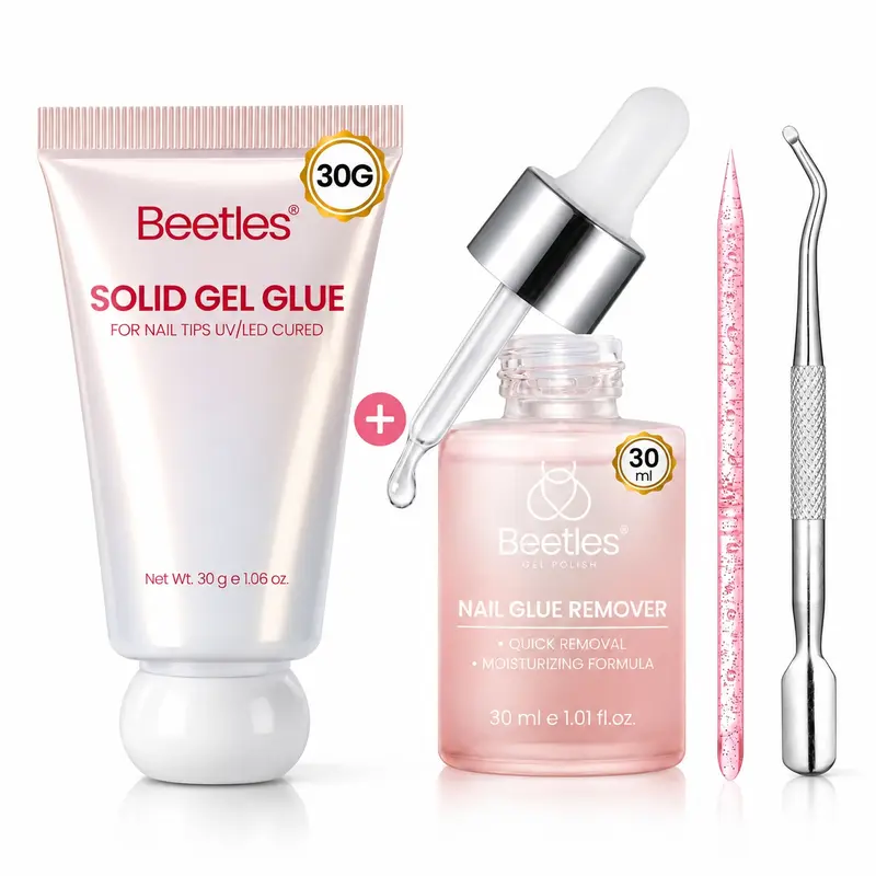[Exclusive to TTS]Beetles 30g Solid Nail Glue Gel Bundle for Nail Extensions, with Optional 20g Hands-Free UV Glue and 10ml/30ml Remover, 21+ Day Strong Hold for False Nail Tips, Rhinestones & 3D Nail Art