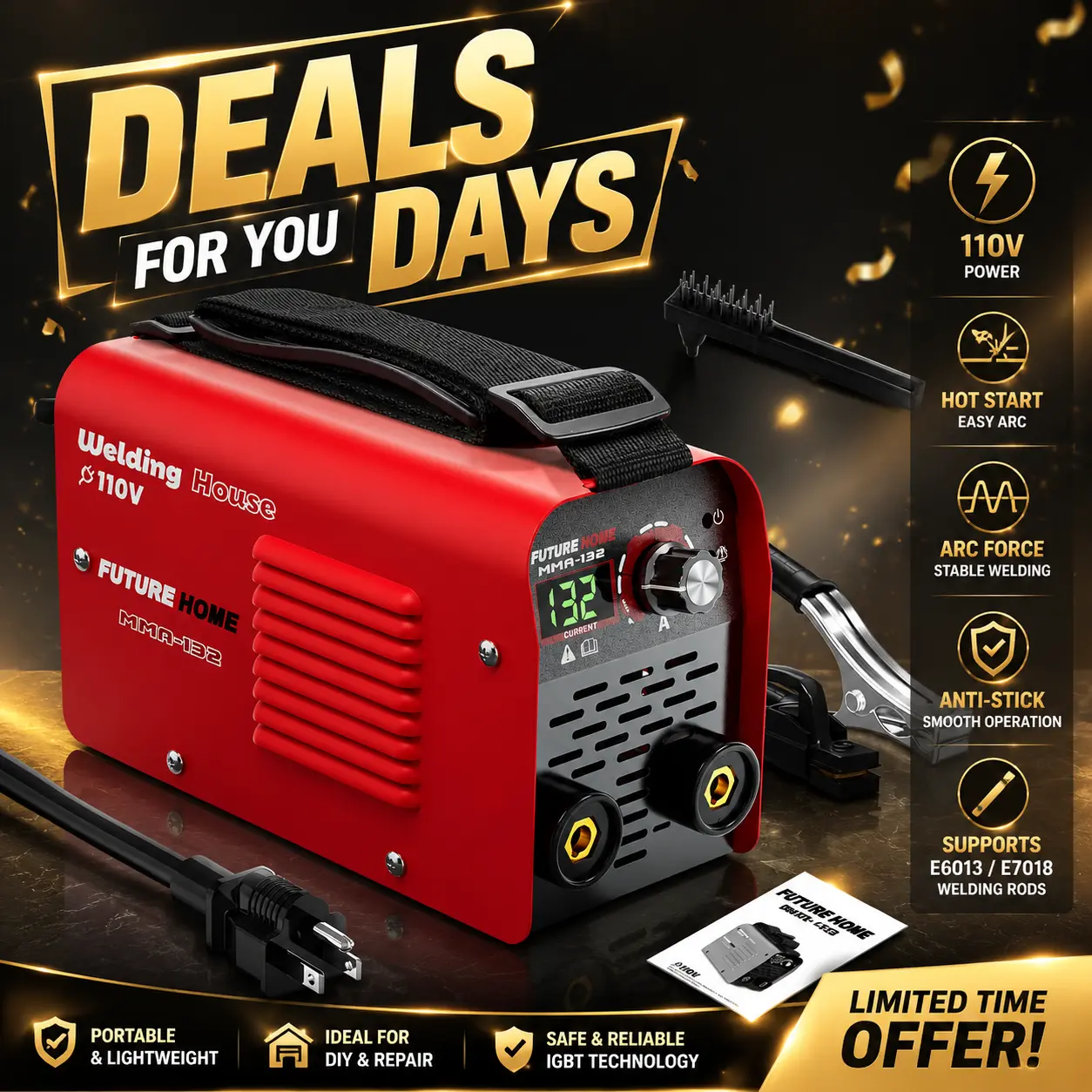 【DealsForYouDays】132A Portable Stick Welder 110V MMA Welder | Hot Start, Arc Force & Anti-Stick | E6013/E7018 | Ideal for DIY & Repair