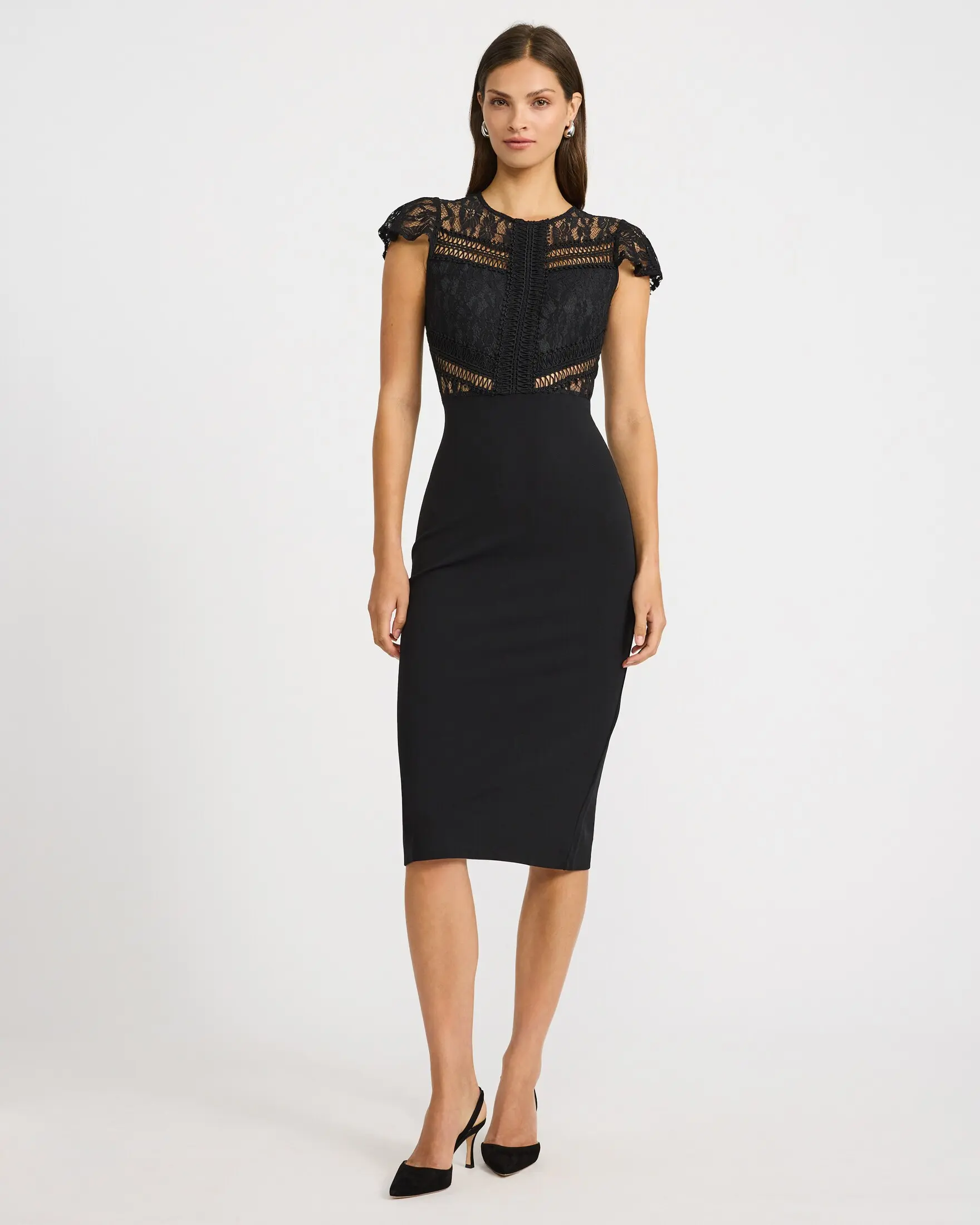Express Lace Pieced Crew Neck Flutter Sleeve Midi Dress