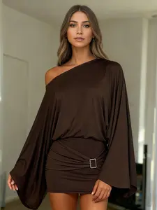 Sexy Boho Style Bohemian Casual Women's Asymmetrical Neck Off-Shoulder Batwing Sleeve Brown Casual Classy Dress, Casual Loose Fit T-Shirt Top One-piece Bodycon Short Skirt With Cinched Pleated Design
