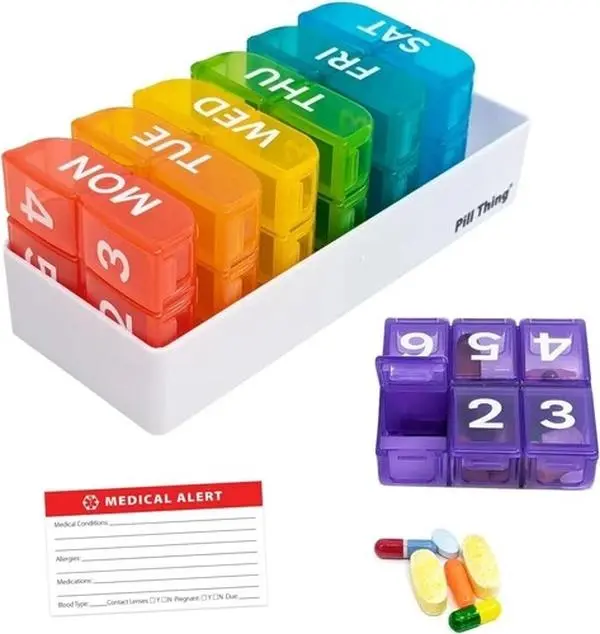 Portable Medicine Organizer Pill Dispenser - 6-Times-a-Day, 7-Day Large Weekly Pill Holder Tray (Multicolored), Portable Medicine Organizer Pill Dispensers