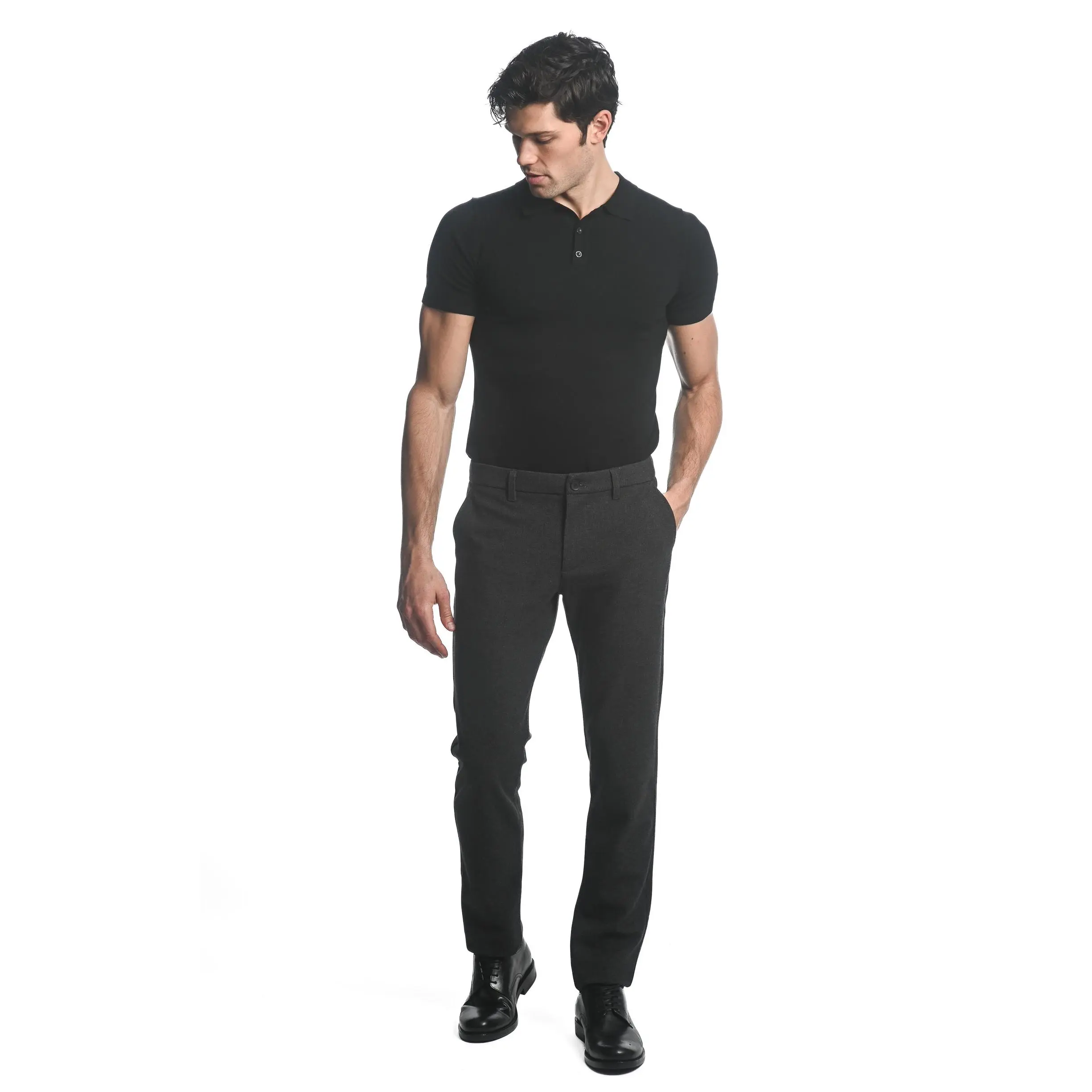 CHARCOAL/BLACK STRETCH KNIT PINSTRIPE WOOL LOOK TAILORED PANTS PM-3303-52