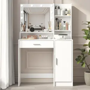 Vanity Desk with Mirror & Light, Large Drawer Three Level Storage Dresser, 3 Lighting Modes Adjustable Brightness, Bedroom Dressing Table(white)