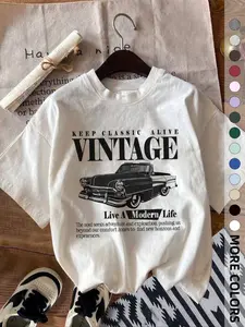 Women's Vintage Car & Letter Print Round Neck Tee, Casual Short Sleeve Crew Neck T-shirt for Summer, Fashion Women's Top for Daily Wear, Casual Breathable Top