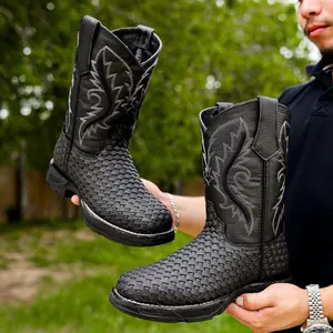 Black Basketweave Leather Boots With 3D Lightweight Sole - Square Toe