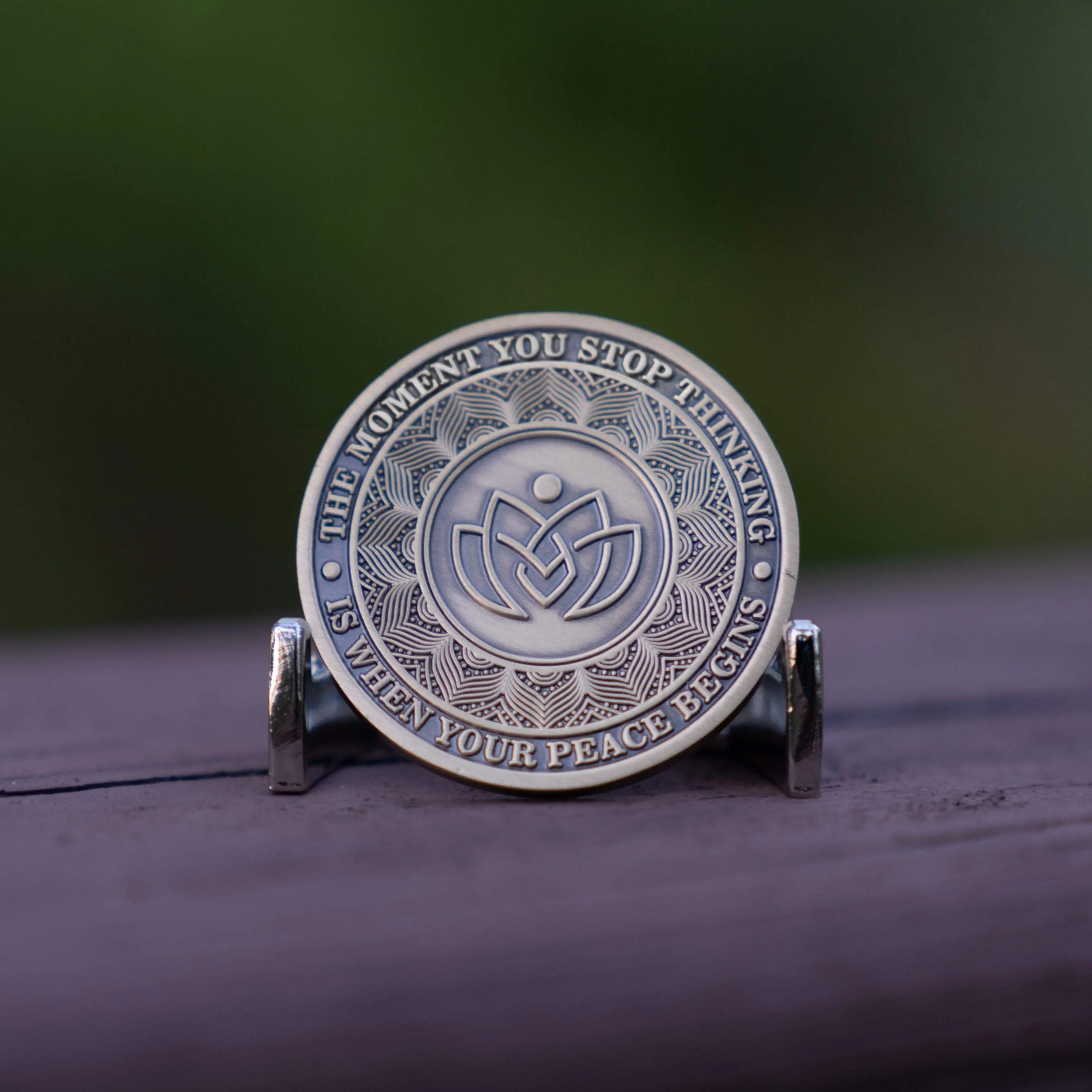 Inner Peace Coin with Complimentary Coin Stand - Plated Brass - Made in USA