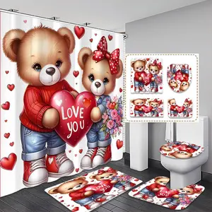 Cute Cartoon Couple Bear Bathroom Curtain Set, Shower Curtain Set, Love You Heart Pattern, Includes Toilet Lid Cover, Bath Mat, Hooks, Modern Home Decor, Bathroom Decoration Accessories