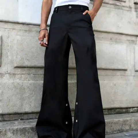 Men's Fashion Versatile Long Pants, Adjustable Ankle Buttons, High Street Style Streetwear Casual Trousers, Spring & Fall Wear, Plain Pattern