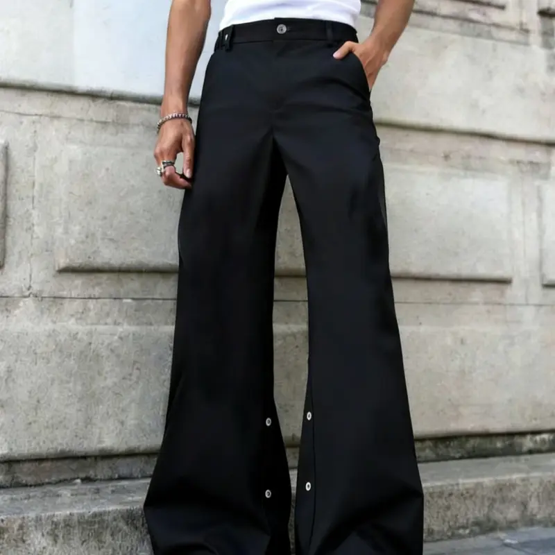 Men's Fashion Versatile Long Pants, Adjustable Ankle Buttons, High Street Style Streetwear Casual Trousers, Spring & Fall Wear, Plain Pattern