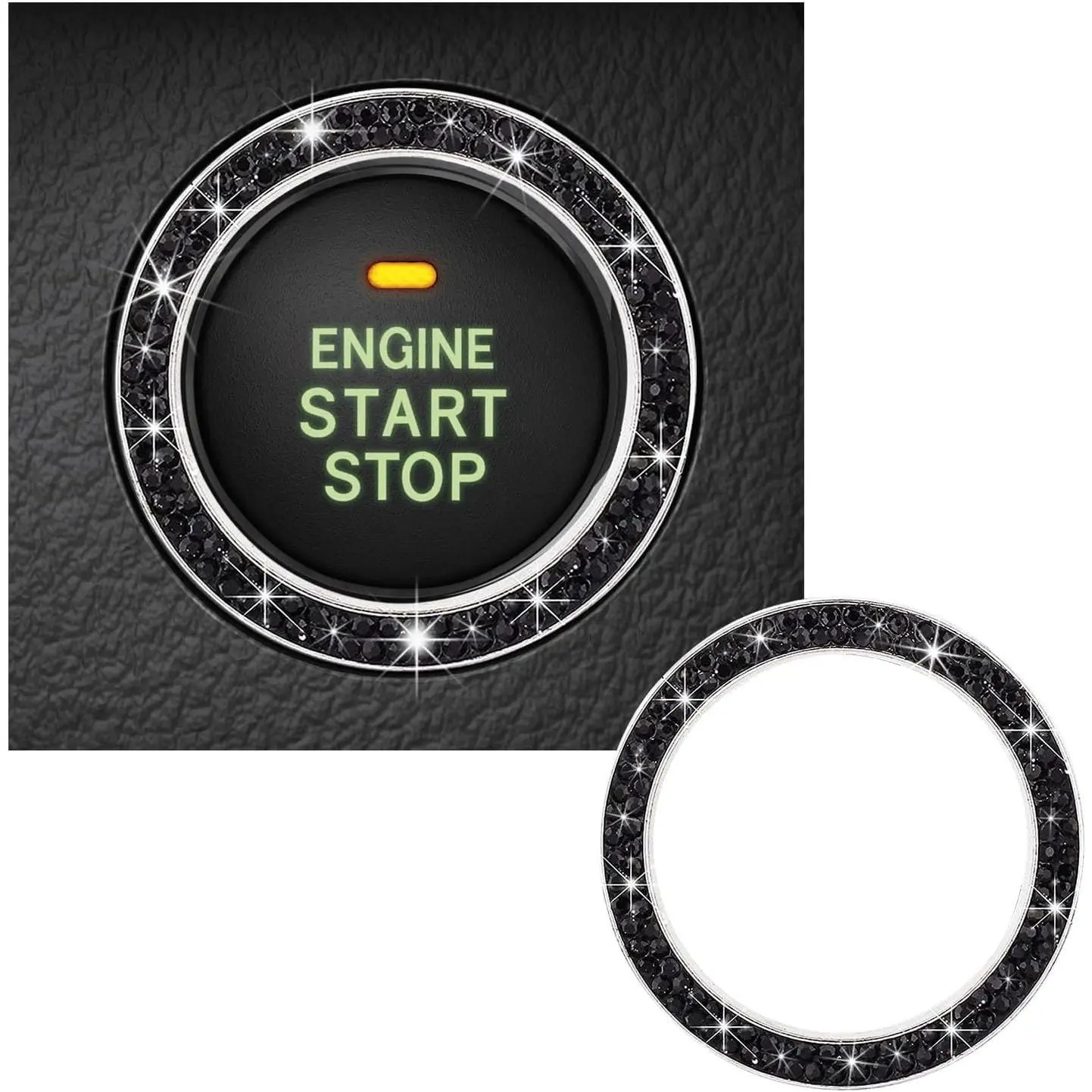 2-Row Sparkle Girl Beauty Lady Playful Gems Bling Crystal Rhinestone Car Engine Start Decoration Ring - Alloy Accessory, Push Start Button Decor, Tape-Mount Key Ignition Ornament, Black Car Interior Unique Gift