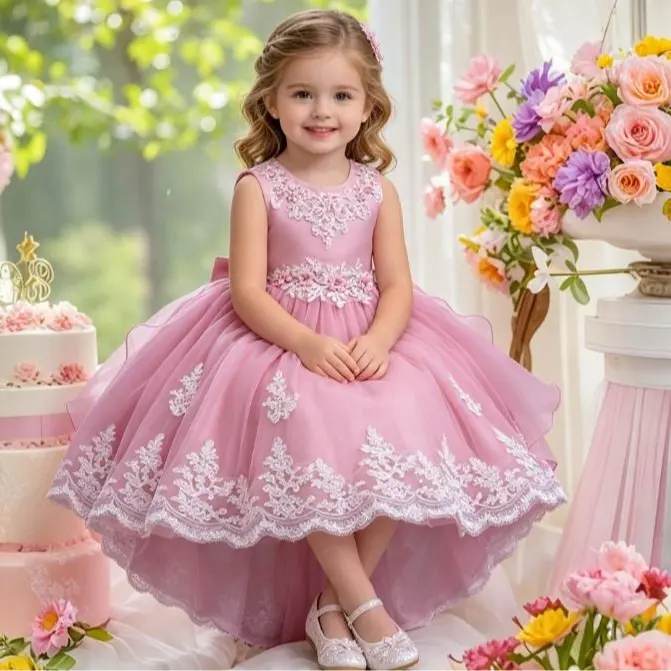 Girls Elegant Pink Tulle Lace Dress Sleeveless Princess Dress for Wedding Birthday Occasion first  communion  dress