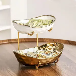 2-Tier Fruit Bowls for Kitchen Counter,Ceramic Bowl with  Metal Stand,2 Tier Fruit Basket for Fruit,Snack,Cake,Nuts,Dessert Space Saving Storage