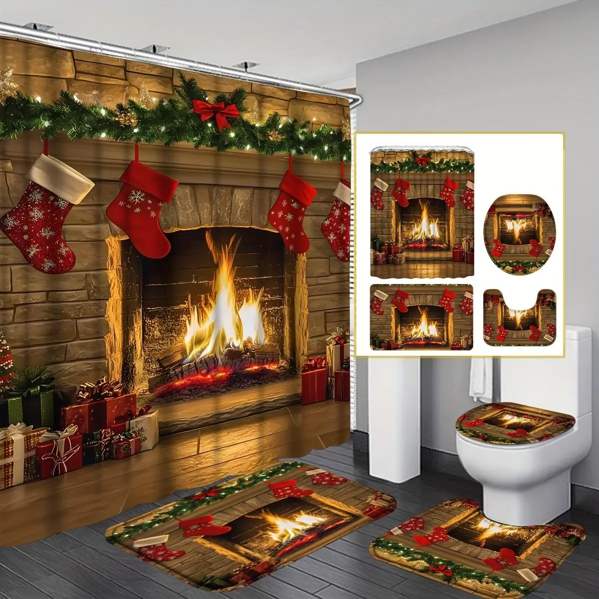 [Christmas] Christmas Fireplace Theme Shower Curtain Set, 4pcs Shower Curtain With Non-Slip Bathroom Rug, Toilet U-Shape Mat, Toilet Lid Cover Pad, Christmas Theme Bathroom Partition With 12 Hook, Bathroom Accessories For Christmas Decor
