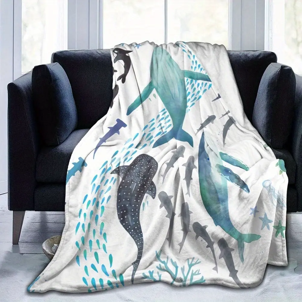 Plush Microfiber Blanket - Shark, Humpback Whale, Orca, and Sea Turtle Ocean Design, 280g All-Season Flannel, Soft and Comfortable, Suitable for Bed, Sofa, Camping - Machine Washable Modern Cartoon Marine Life Blanket, Multi-Functional Throw Bl