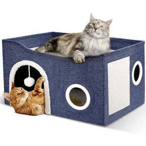 Cat House for Indoor Cats - Large Cat Bed Cave with Fluffy Ball and Scratch Pad, Foldable Cats Houses & Condos, Cat Hideaway, Covered Kitty Bed for Multi Small Large Kitty, 23.8x15.9x13.2 Inch