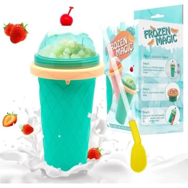 Reusable Green Slushy Maker Cup - DIY Frozen Magic Squeeze Cup for Juice, Milk, Smoothie, with Lid and Straw