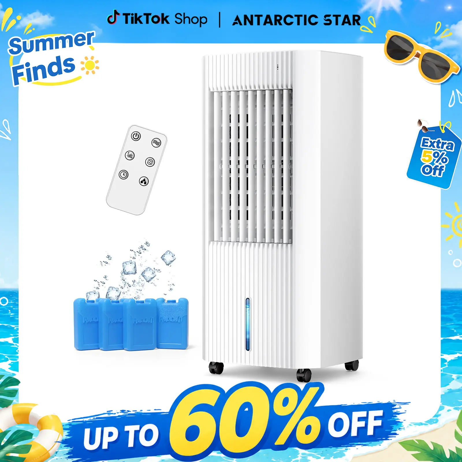 Antarctic Star Evaporative Air Cooler with 3 Modes & 3 Speeds, 1.5Gal Tank for 15H Cooling, 140° Oscillation, 16.4FT Remote for Bedroom Indoor Use