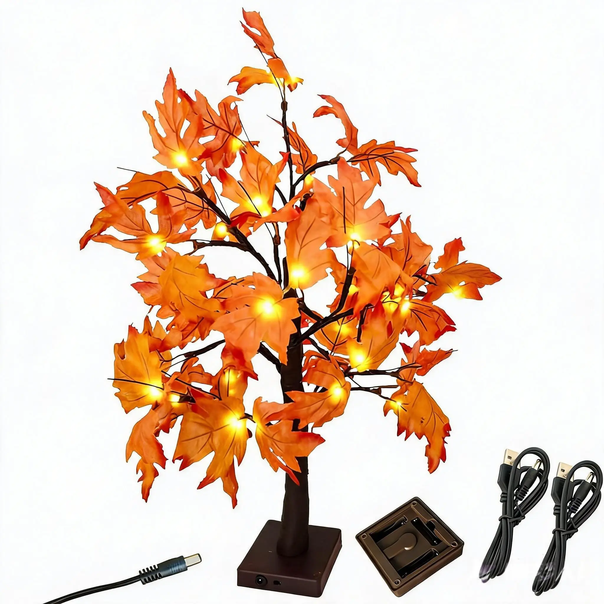 2-Pack Aesthetic LED Maple Tree Tabletop Lights, USB & Battery Dual-Powered Warm White 24-In Artificial Trees, Home Decor Decoration for Wardrobe, Garage, Countertops, Holiday Gift