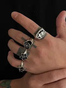 Punk Style Pentagon Spiral Ring Set, Stackable Rings, 4 Piece Punk Jewelry Series, Star & Heart Design, Fashion Vintage Accessory