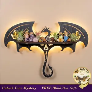 FNYDOX Gothic Evil Dragon Decor with LED Light Crystal Display Shelf for Wall Wooden Witchy Shelf Rock Display Case Knick Knack Organizer Trinket Holder Wall Hanging Shelves for Essential Oil & Nail Polish Fitting Premium Boxwood Matte Lacquer Finish