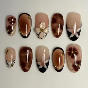 S139 Cocoa Bloom Press-On Nails, 3D Brown Orchid Flowers, Glossy Marble Tips, Elegant Neutral Tones, Custom Handmade, Solana Nails Town